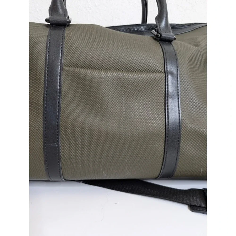 Maverick and C Olive Green Canvas Nylon‎ Strip Duffle Bag Weekend Travel Pockets